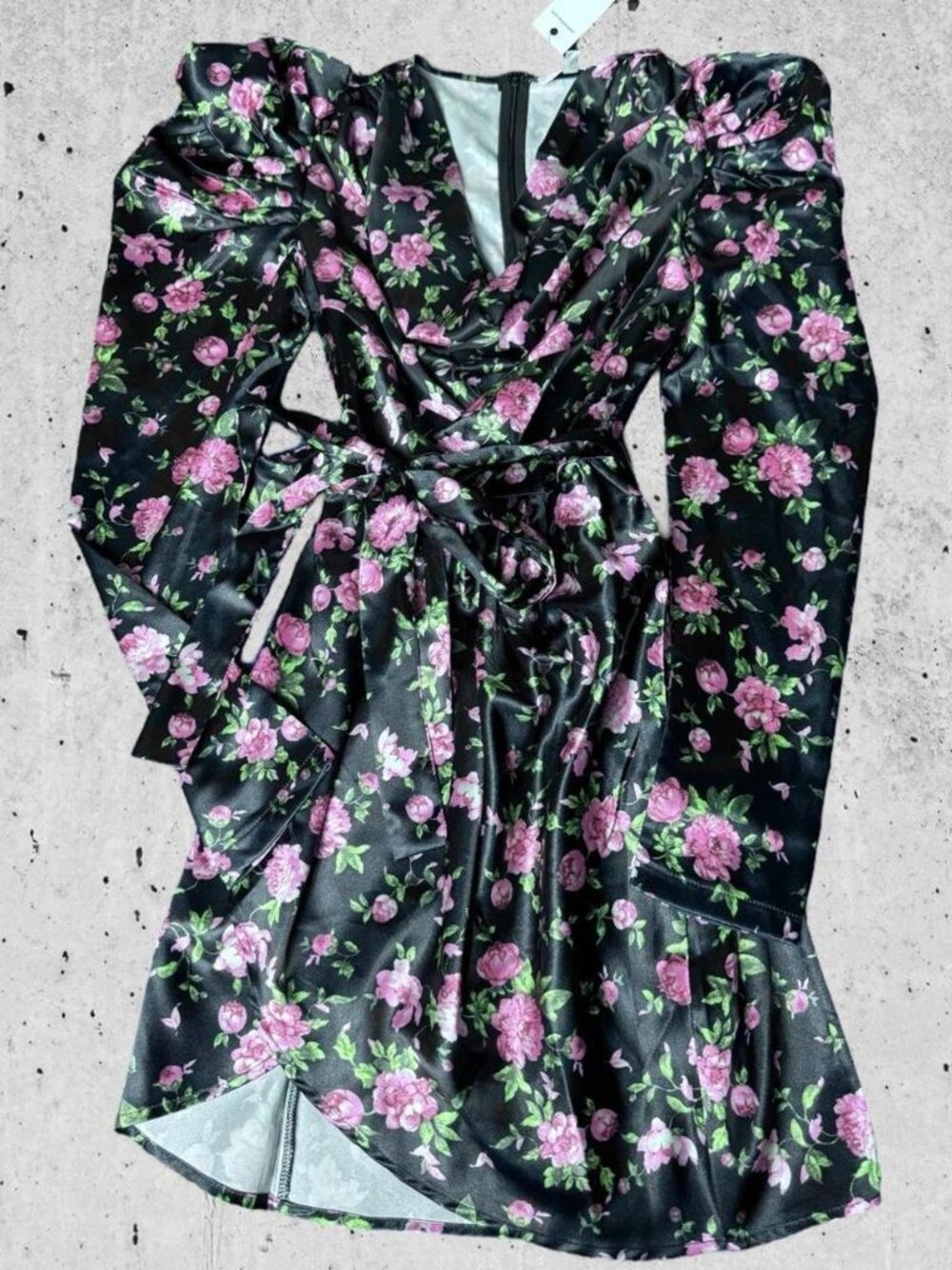 Rare London floral satin wrap dress in black with...